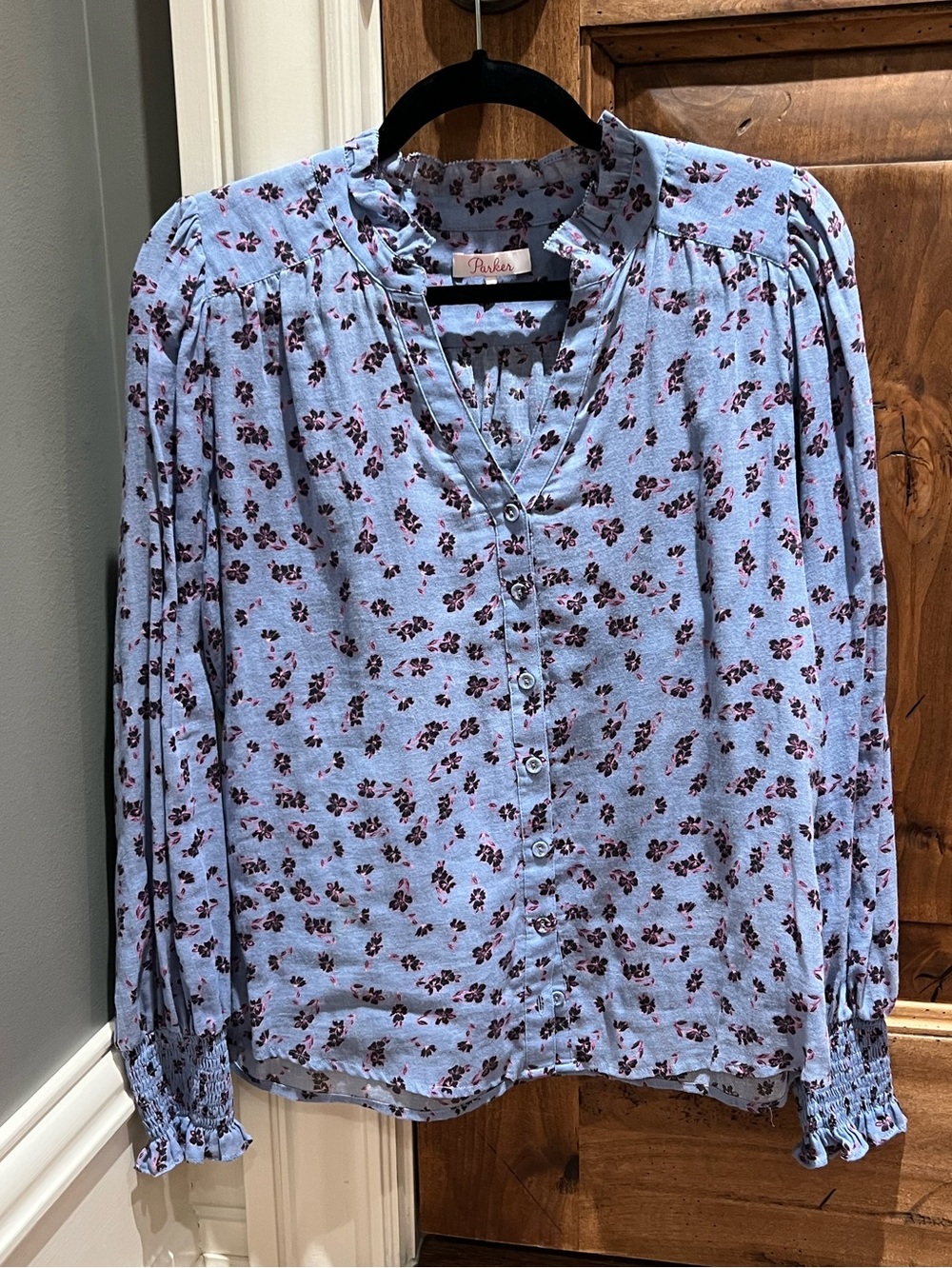 Parker Blue Floral Button-Front Long Sleeve Blouse